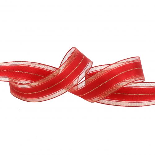 Product Christmas ribbon with transparent lurex stripes red 25mm 25m