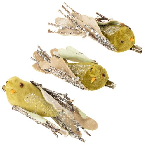 Christmas decoration bird on clip green, glitter 12cm 6pcs assorted