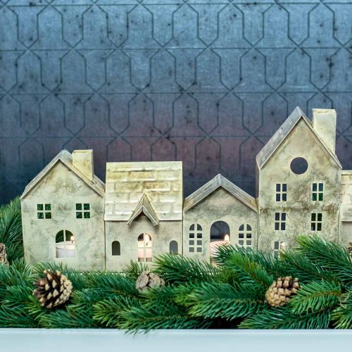Floristik24 Christmas diorama, metal decoration with lighting, light houses golden, vintage look L67.5cm H20cm