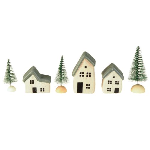 Christmas village wooden houses fir trees green and white 5-8 cm set of 6