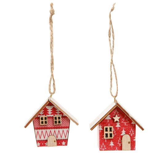 Christmas houses for hanging paper wood red 5.5cm 6 pcs
