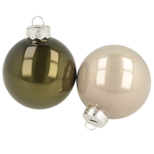 Christmas tree balls glass set of 2 shiny in olive &amp; sand colors with hanger 5cm 24pcs