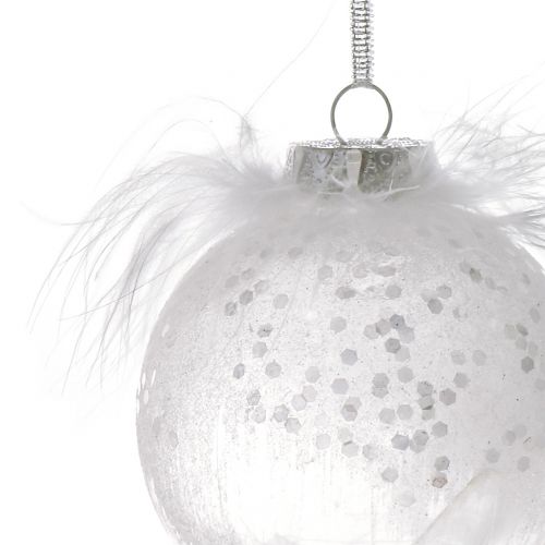Floristik24 Christmas ball with feather White Ø7,5cm 6pcs