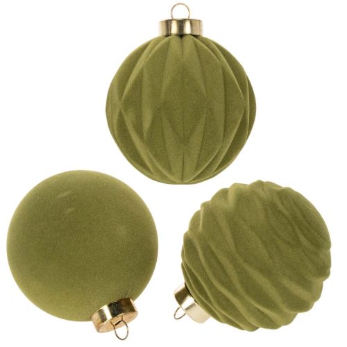 Set of 12 Moss Green Flocked Christmas Baubles, 8cm, Plastic buy online | Floristik24.co.uk