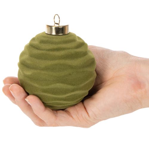 Set of 12 Moss Green Flocked Christmas Baubles, 8cm, Plastic | Floristik24.co.uk