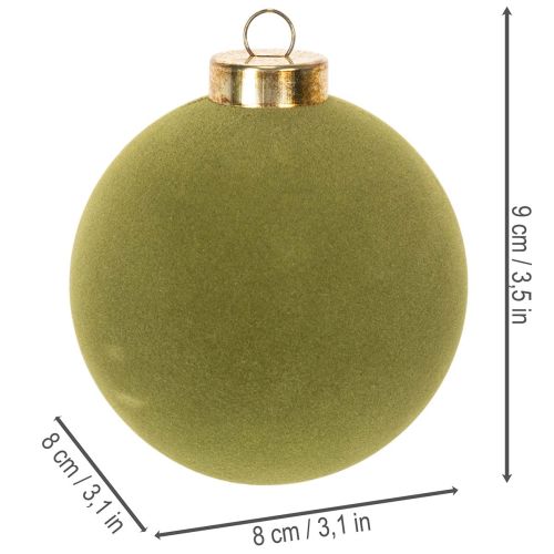 Set of 12 Moss Green Flocked Christmas Baubles, 8cm, Plastic | Floristik24.co.uk