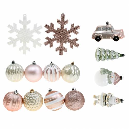 Christmas tree decorations in a set old rose, white, green plastic 25pcs
