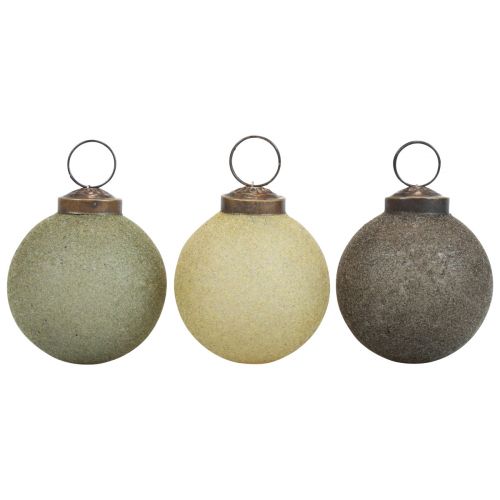 Christmas balls glass flocked yellow/green/gray Ø6cm 3pcs
