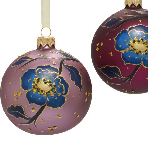 Product Christmas balls glass purple Christmas tree balls flower Ø8cm 6pcs