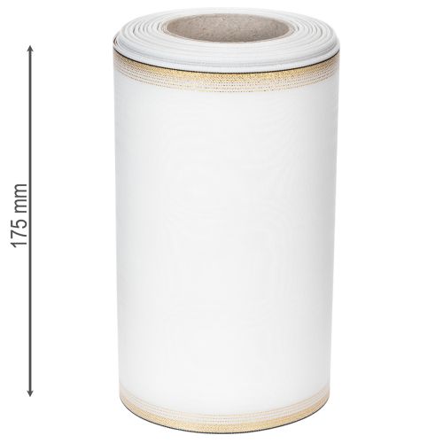 Product White moiré wreath ribbon with gold pearl edge, 175mm - Elegant ribbon for decoration and floristry