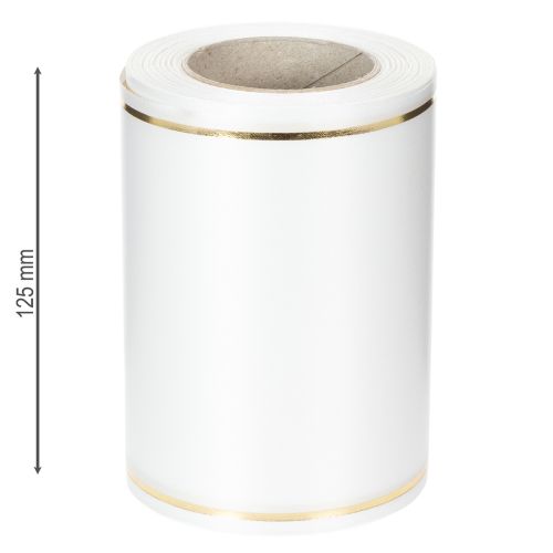 Product White wreath ribbon with gold edge for computer printing, satin ribbon, waterproof, 25m x 125mm
