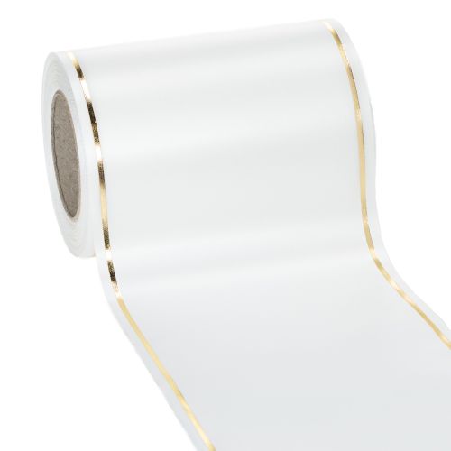 Floristik24 White wreath ribbon with gold edge for computer printing, satin ribbon, waterproof, 25m x 125mm