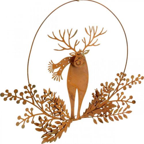 Product Decorative ring for Christmas, reindeer in the ring, Santa Claus with gift, metal decoration patina Ø18cm set of 2