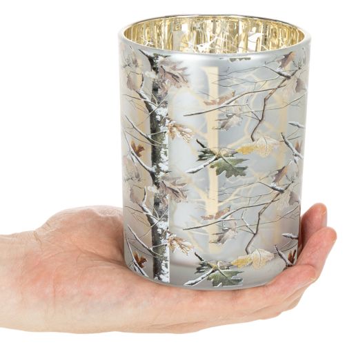 Glass Lantern with Winter Forest Branch Design, Gold Interior, 12cm | Floristik24.co.uk