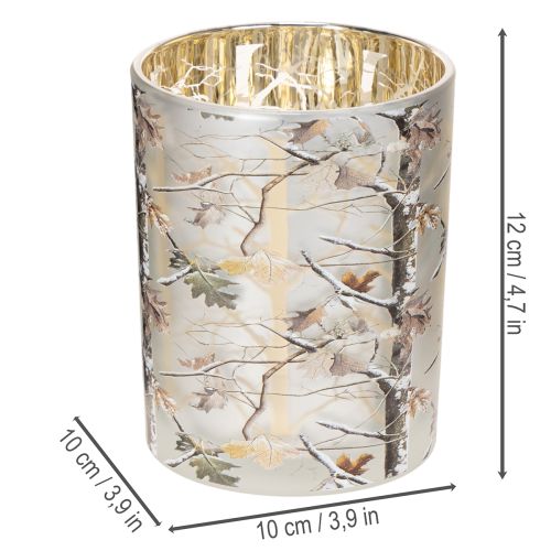 Glass Lantern with Winter Forest Branch Design, Gold Interior, 12cm | Floristik24.co.uk