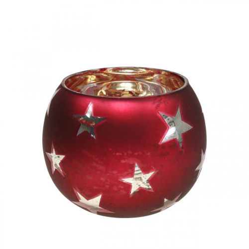 Lantern glass tealight glass with stars red Ø9cm H7cm