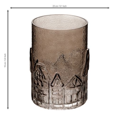 Glass Lantern with House Motif for Table Decoration, Brown, 23cm | Floristik24.co.uk