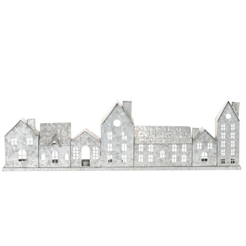 Metal House Row with Tealight Holders, Silver, 68 cm, Advent Decoration