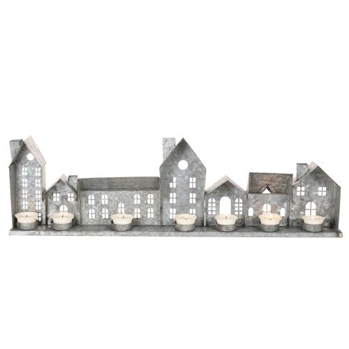 Metal House Row with Tealight Holders, Silver, 68 cm, Advent Decoration | Floristik24.co.uk
