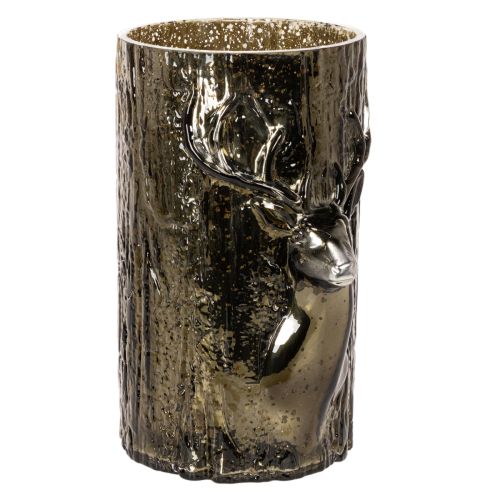 Glass Lantern with Deer Head and Tree Reliefs, 26cm, Green-Brown, Indoor Decoration