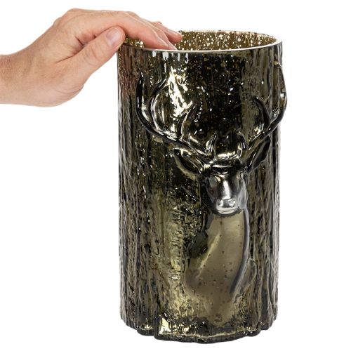 Glass Lantern with Deer Head and Tree Reliefs, 26cm, Green-Brown, Indoor Decoration | Floristik24.co.uk