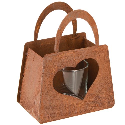 Lantern metal bag rust with glass insert H15cm 2pcs