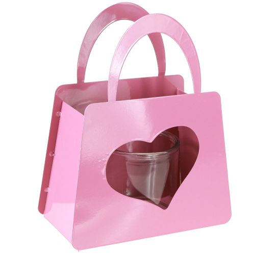 Lantern metal bag with glass insert pink heart H26cm