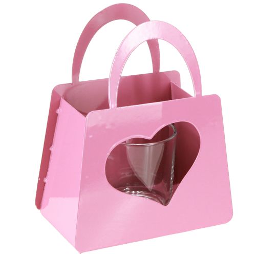 Lantern metal with glass insert bag pink H18cm 2pcs
