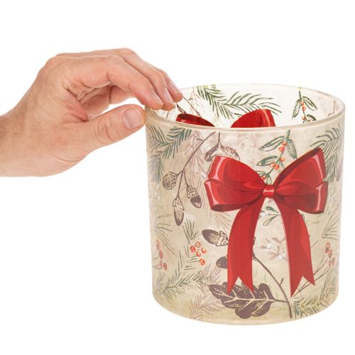 Glass Candle Holder with Red Bow and Winter Branches, 15cm | Floristik24.co.uk