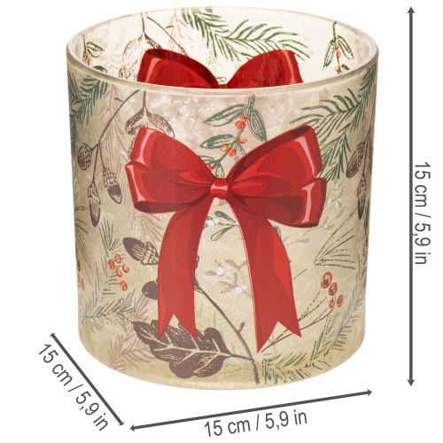 Glass Candle Holder with Red Bow and Winter Branches, 15cm | Floristik24.co.uk