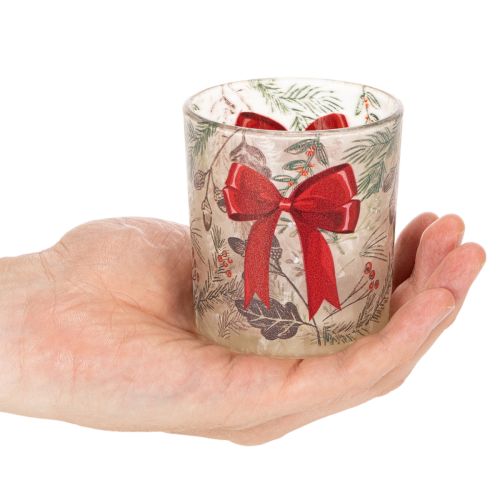 Glass Candle Holder with Red Bow and Christmas Branches 8cm Set of 2 | Floristik24.co.uk