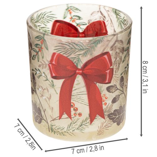 Glass Candle Holder with Red Bow and Christmas Branches 8cm Set of 2 | Floristik24.co.uk