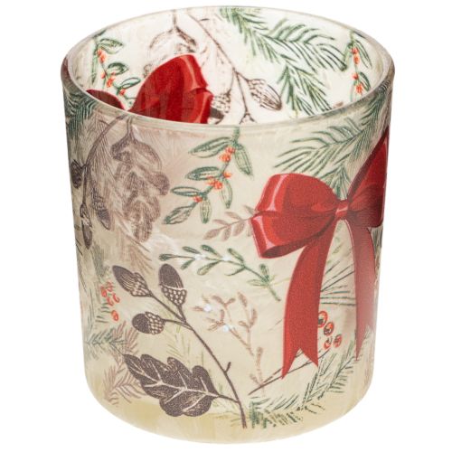 Glass Candle Holder with Red Bow and Christmas Branches 8cm Set of 2 | Floristik24.co.uk