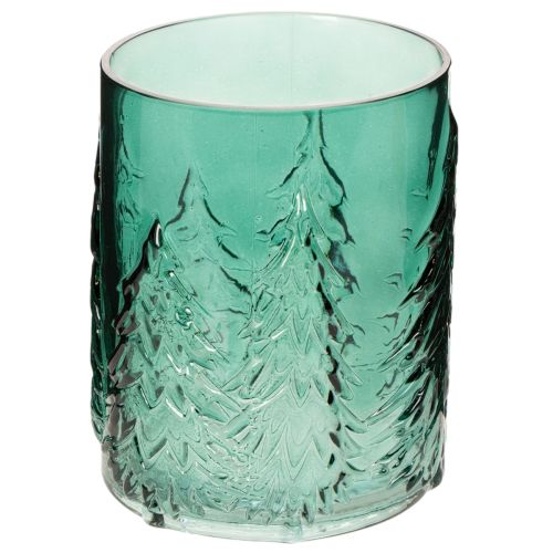 Glass Lantern with Pine Tree Relief Design, 16cm, Turquoise Green, Indoor Festive Decoration
