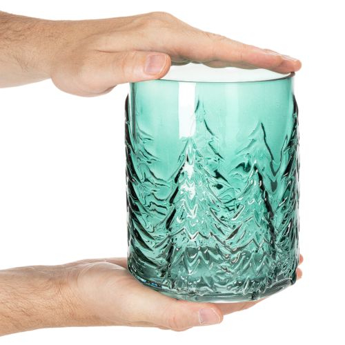Glass Lantern with Pine Tree Relief Design, 16cm, Turquoise Green, Indoor Festive Decoration | Floristik24.co.uk