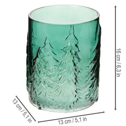 Glass Lantern with Pine Tree Relief Design, 16cm, Turquoise Green, Indoor Festive Decoration | Floristik24.co.uk