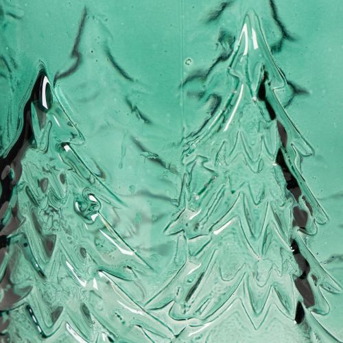 Glass Lantern with Pine Tree Relief Design, 16cm, Turquoise Green, Indoor Festive Decoration | Floristik24.co.uk