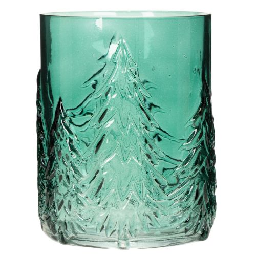 Glass Lantern with Pine Tree Relief Design, 16cm, Turquoise Green, Indoor Festive Decoration | Floristik24.co.uk