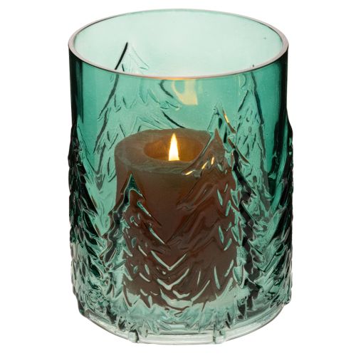 Glass Lantern with Pine Tree Relief Design, 16cm, Turquoise Green, Indoor Festive Decoration | Floristik24.co.uk