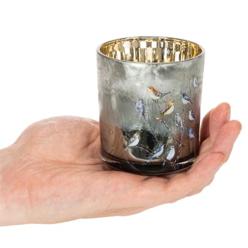 Glass Tealight Holders with Bird and Snowflake Design, Gold Interior, 8cm, Set of 2 | Floristik24.co.uk