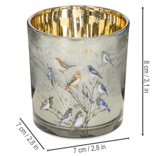 Glass Tealight Holders with Bird and Snowflake Design, Gold Interior, 8cm, Set of 2 | Floristik24.co.uk