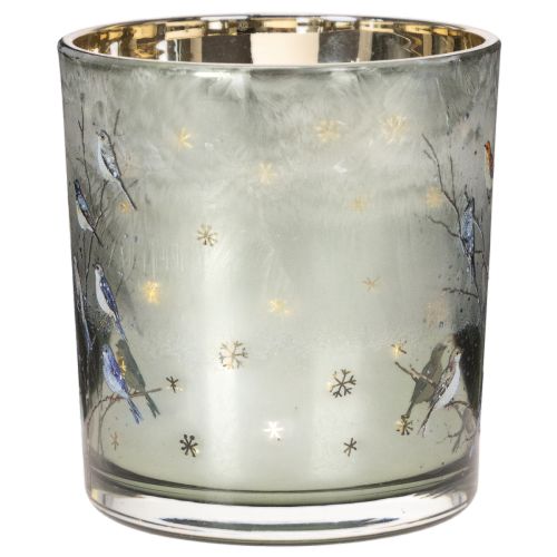 Glass Tealight Holders with Bird and Snowflake Design, Gold Interior, 8cm, Set of 2 | Floristik24.co.uk