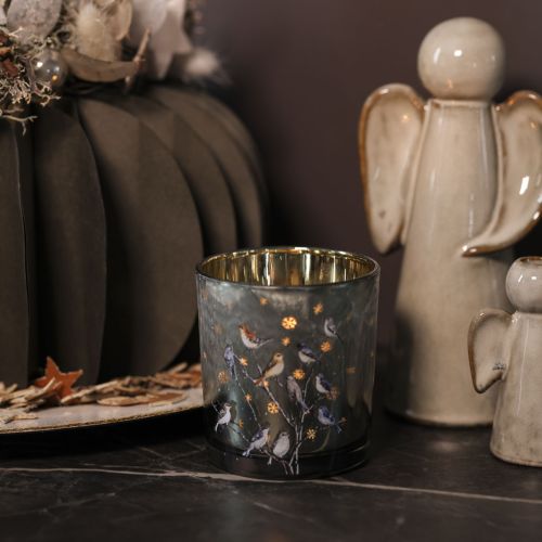 Glass Tealight Holders with Bird and Snowflake Design, Gold Interior, 8cm, Set of 2 | Floristik24.co.uk