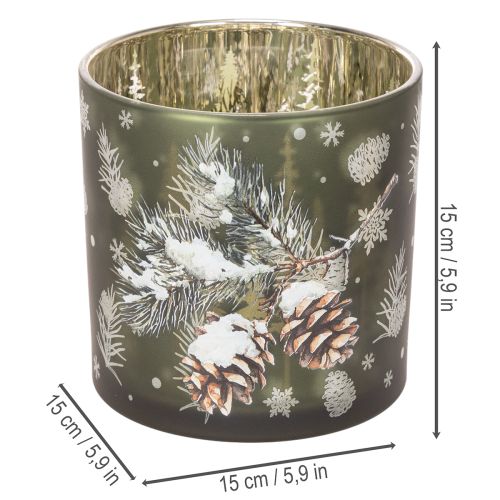 Glass Candle Holder with Pinecone and Snowflake Design, 15cm | Floristik24.co.uk