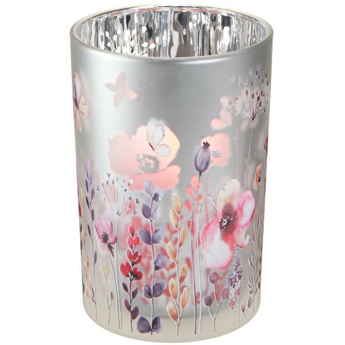 Product Lantern made of glass poppy butterfly silver color H18cm
