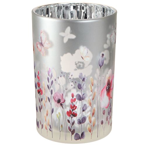 Product Lantern made of glass poppy butterfly silver color H18cm