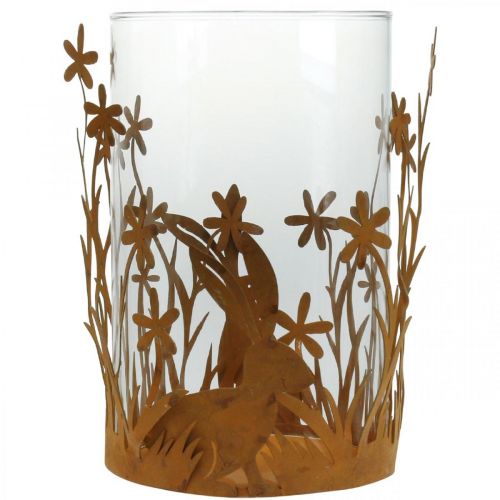 Product Lantern with rabbits, spring decoration, metal decoration with flowers, Easter patina Ø11.5cm H18cm
