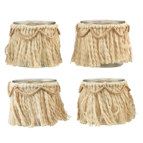 Lantern glass fringes macrame cream boho Ø9.5cm 4pcs
