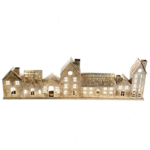 Christmas diorama, metal decoration with lighting, light houses golden, vintage look L67.5cm H20cm