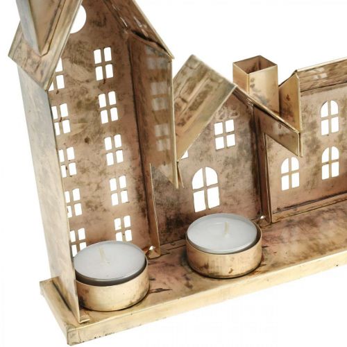 Floristik24 Christmas diorama, metal decoration with lighting, light houses golden, vintage look L67.5cm H20cm